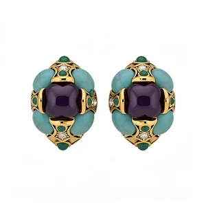 Exquisite vintage palace style oval stud earrings with purple resin and turquoise stones.