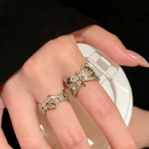 Vintage Zirconia Bowknot Open Ring For Women Elegant Retro Adjustable Finger Ring Aesthetic Fashion Jewelry Gift