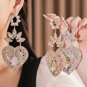 Luxury exaggerated heart-shaped crystal drop earrings with sparkling rhinestones