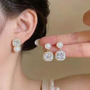 Vintage Freshwater Pearl Zirconia Stud Earrings For Women Light Luxury Copper Inlaid Earrings With 925 Sterling Silver Earring Post