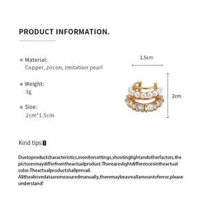Product info for gold zircon and pearl ear cuff with 2cm by 1.5cm dimensions.