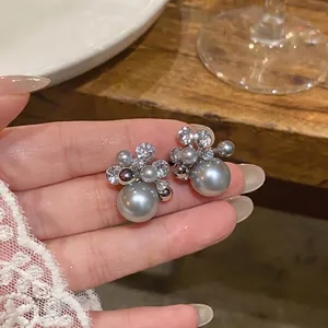 Korean Ins Style Artificial Pearl Rhinestone Cluster Stud Earrings For Women Steel Earring Post Luxury Geometric Jewelry