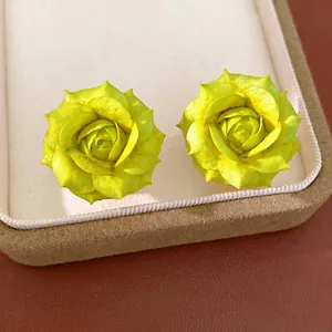 Handmade yellow rose flower stud earrings with 18K gold plated silver needles