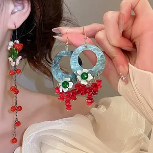 Retro New Chinese Style Glass Flower Tassel Drop Earrings For Women Artificial Pearl Geometric Long Dangle Earrings Jewelry