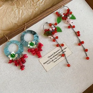 Retro floral tassel earrings with marble hoops and red beads