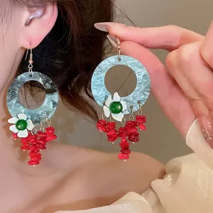 Vintage New Chinese style geometric circle flower earrings with red bead tassel