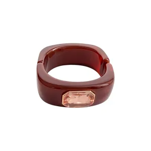 Elegant chunky brown square resin bangle featuring a large faceted champagne gemstone inlay