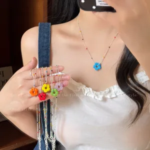 Dopamine Rainbow Flower Beaded Necklace Women Glass Beads Copper Clavicle Chain Resin Flower Pendant Fashion Jewelry