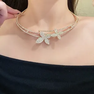 Elegante collana girocollo con fiori in strass a doppio strato per donna stile vintage
