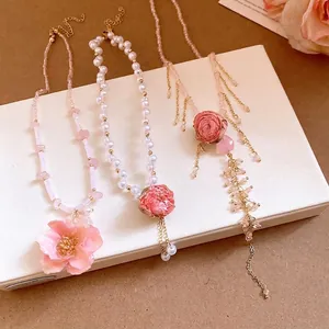 Exquisite sweet pink rose flower necklace with pearl beads and delicate tassel charms