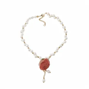 Elegant pink rose flower pearl necklace with gold beads for women, sweet choker style