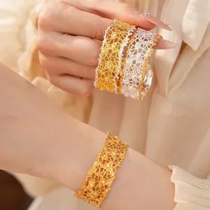 French Vintage Lace Cutout Cuff Bracelet For Women Elegant Copper Zirconia Hollow Bangle Gold Silver Two Tone Jewelry Gift