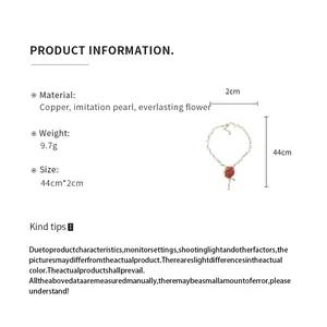 Detailed specifications for the pink rose flower necklace with pearls and dimensions.