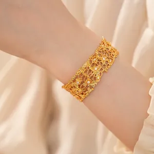 Elegant French vintage gold lace hollow cuff bracelet with sparkling stones
