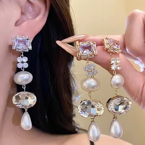 Vintage Luxurious Alloy Rhinestone Artificial Pearl Tassel Drop Earrings 925 Sterling Silver Earring Post Elegant Long Statement Jewelry For Women Party Wedding