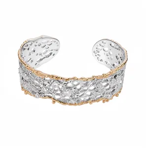 Elegant French vintage style lace hollow cuff bracelet in two-tone silver and gold finish
