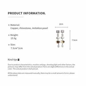 Product details for long rhinestone and imitation pearl tassel earrings with dimensions.