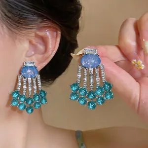 Vintage Court Style Resin Oval Rhinestone Tassel Earrings Luxury Alloy Drop Earrings With 925 Sterling Silver Post For Women