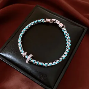 Vintage Luxury Lake Blue Braided Bracelet For Women Copper Zirconia Inlaid Geometric Runner Ring Design Retro Cold Aesthetic Jewelry Gift