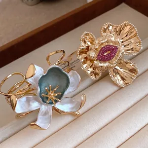 Elegant vintage style metal floral cuff bracelets with colorful enamel and rhinestone details