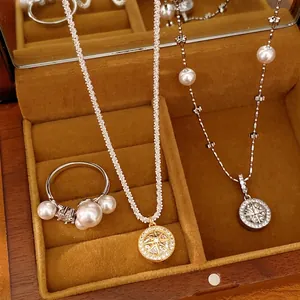 Copper Zirconia Octagram Pendant Necklace Elegant Artificial Pearl Clavicle Chain Round Star Design Fashion Women Jewelry
