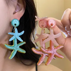 Starfish Resin Shell Drop Earrings With Silver Earring Post Vacational Style Minimalist Lightweight Earrings For Women Summer Jewelry