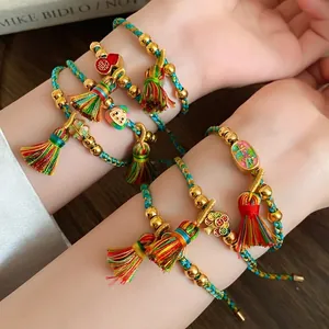 Handmade Woven Multicolor Cord Bracelet New Chinese Style Enamel Gourd Safety Lock Tassel Charm Bracelet Jewelry Gift For Women