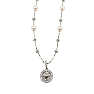 Elegant silver octagram star pendant necklace with white pearls and zircon embellishments