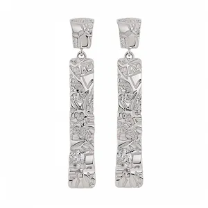 Elegant silver textured rectangular drop earrings with sparkling crystal accents.
