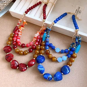 Detailed view of the colorful resin and stone multi-layer beaded necklace
