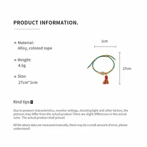 Detail showing material and size of handmade braided colorful rope bracelet with tassel