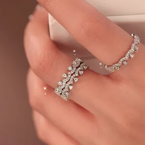 Women Minimalist Copper Zirconia Lace Band Ring Set Silver Color Wave Geometric Fashion Index Finger Jewelry Gift