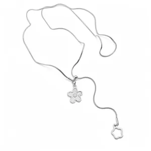 Elegant silver snake chain necklace with pearl flower pendant and adjustable lariat design