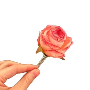 Handmade realistic pink rose flower hairpin for women elegant seaside vacation hair accessory