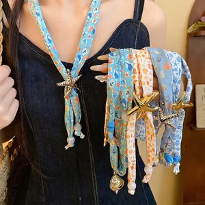 Ocean Scarf Necklace Starfish Shell Snail Pendant Polyester Scarf Beaded Choker For Women Summer Beach Vacation Jewelry