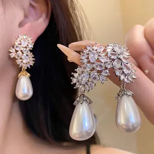Pendientes de Perlas Artificiales en Forma de Gota de Agua Vintage para Mujer Joyas Elegantes con Incrustaciones de Circonita y Poste de Plata