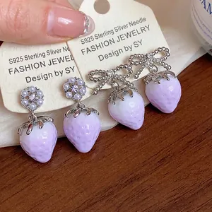 Sweet design resin strawberry earrings with S925 silver needles and cute bow detail