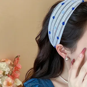 Cerchietto per Capelli in Tessuto a Righe Stile Coreano Design a Tesa Larga Sommità Cranica Alta Elegante Blu Donna Accessori