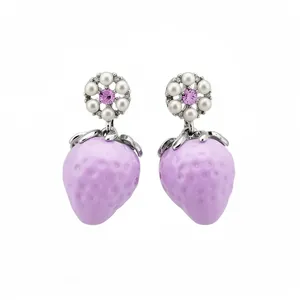 Sweet purple resin strawberry drop earrings with pearl and purple zircon floral stud