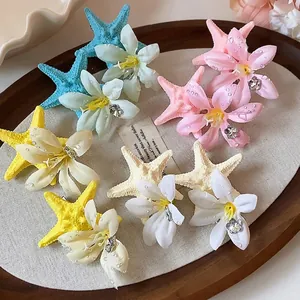 Women Dopamine Starfish Flower Hair Clip Acrylic Fabric Rhinestone Duckbill Clip Seaside Vacation Elegant Hair Accessories