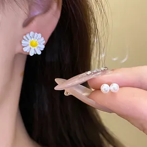 Daisy Flower And Artificial Pearl Stud Earrings Set With 925 Sterling Silver Post Enamel Floral Ear Jewelry For Women