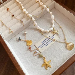 Bohemian Conch Starfish Shell Pendant Necklace For Women Light Luxury Gold Plated Multi-layer Summer Vacation Jewelry Gift