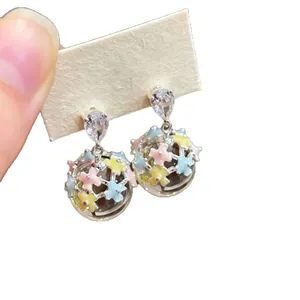 Sweet dopamine style enamel flower dangle earrings with teardrop crystal