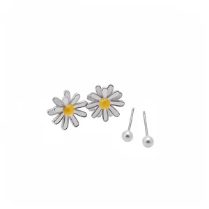 Elegant silver needle white daisy enamel flower and pearl stud earrings set for women