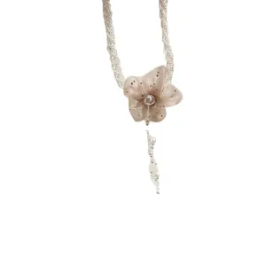 Elegant pink lace flower necklace with pearl tassel and high-end temperament design.