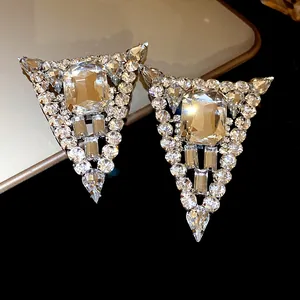 Elegant triangle crystal stud earrings featuring a large rectangular central rhinestone