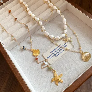 Detailed macro view of the ocean-themed necklace set with shell and starfish pendants
