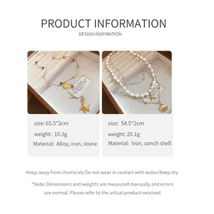 Macro view of ocean-themed starfish and conch shell necklaces with design specifications