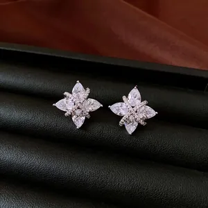 Elegant rhodium plated zircon cross flower ear clips for non-pierced ears sweet style
