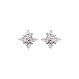Elegant silver flower shaped clip-on earrings with zircon crisscross design for women
